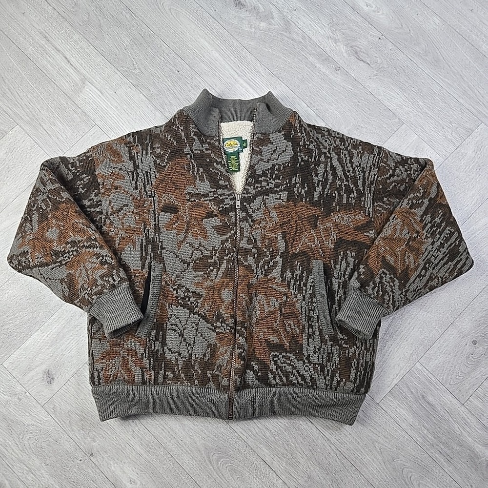 VTG Cabelas Large Wool Camo Sweater Realtree Lined Insulated Hunting Zip Jacket - Picture 1 of 16